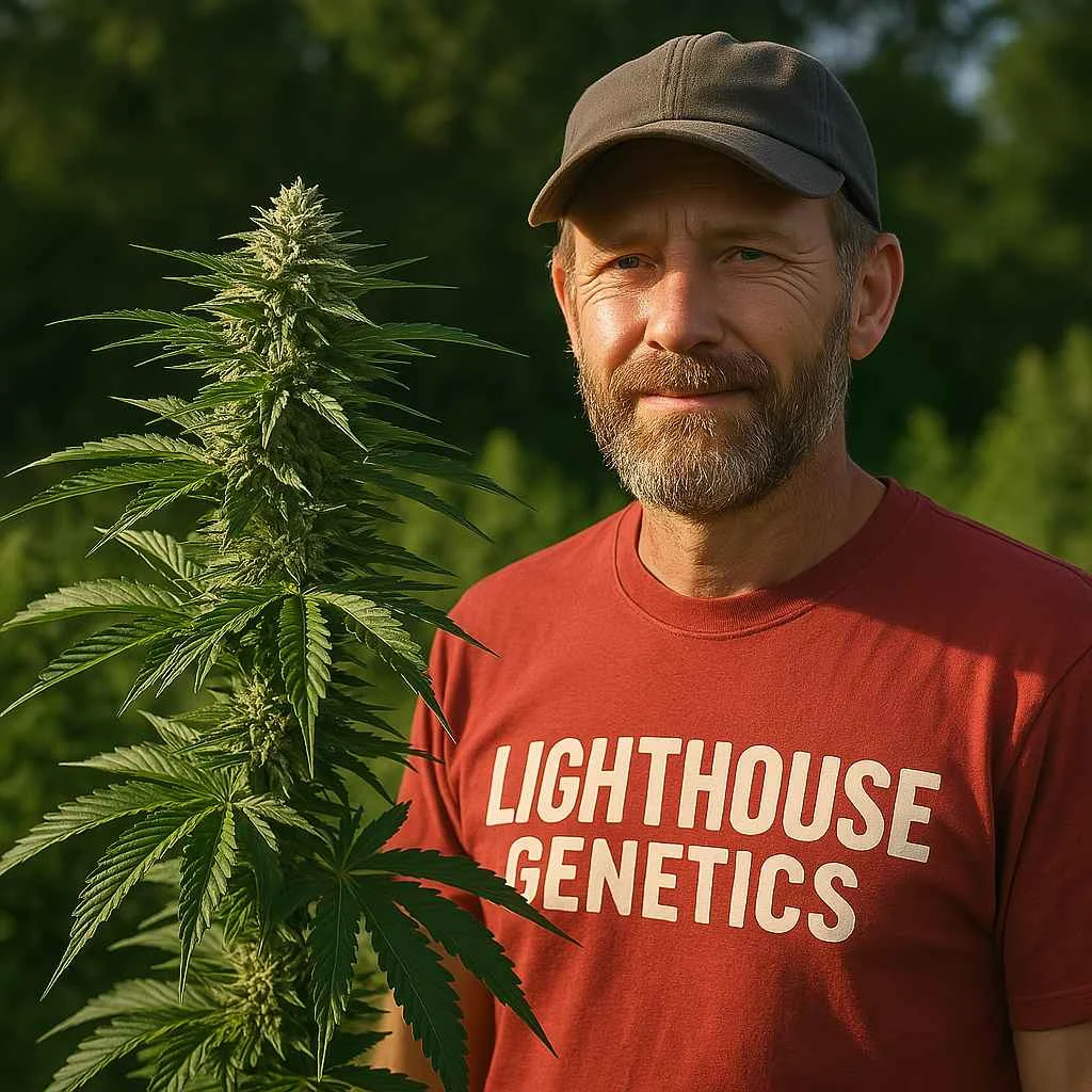 Maximizing THC potency — cannabis grower with a tall flowering plant