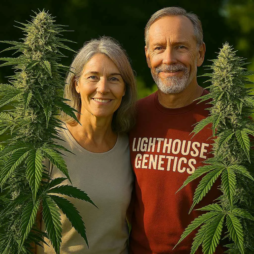 Cannabis growers standing with healthy flowering plants outdoors
