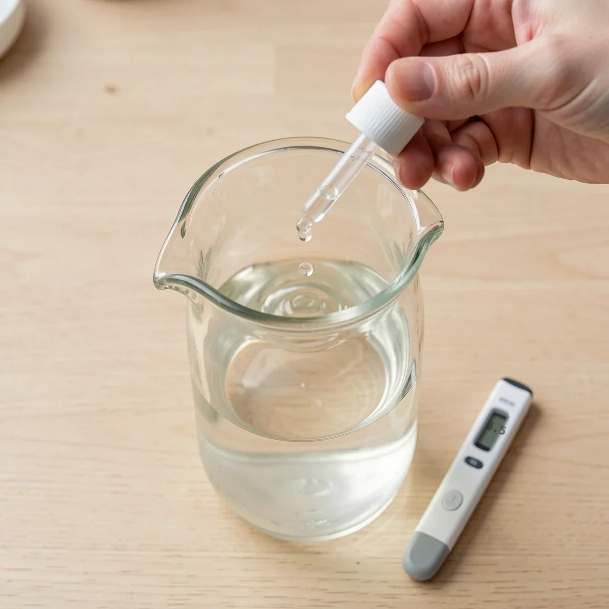 A grower adding pH down solution drop by drop into a measuring jug of cannabis nutrient water