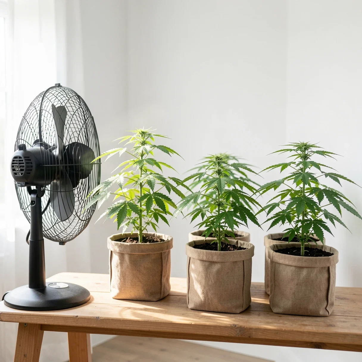 Well-spaced cannabis plants with an oscillating fan moving air through an open canopy