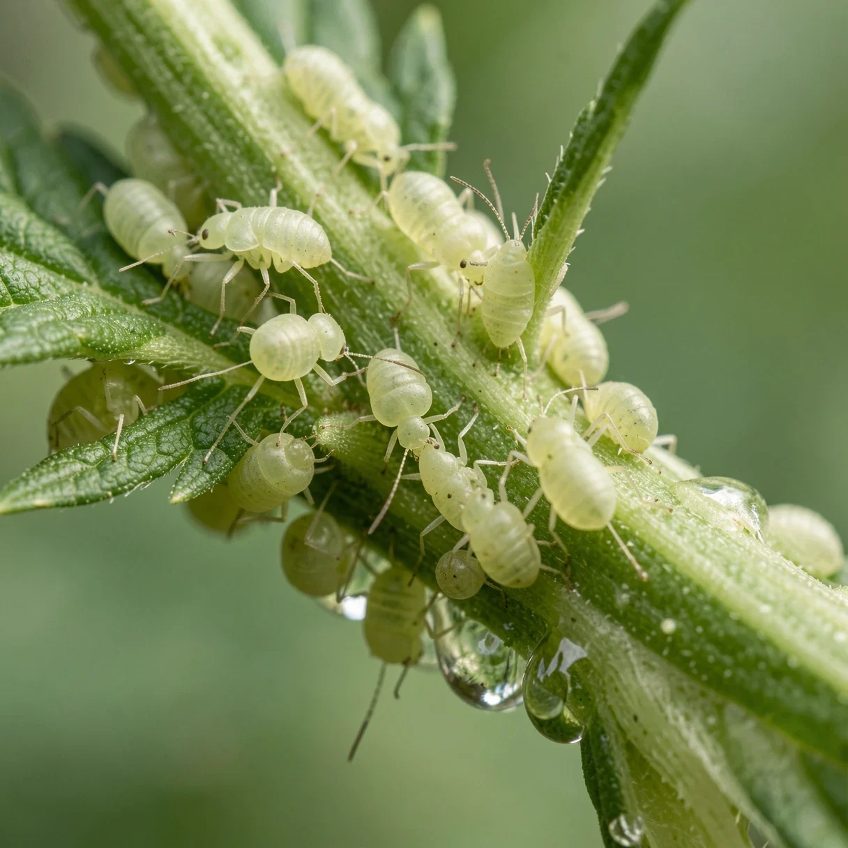 Cannabis pests on a stem — a cluster of small aphids feeding on a cannabis plant