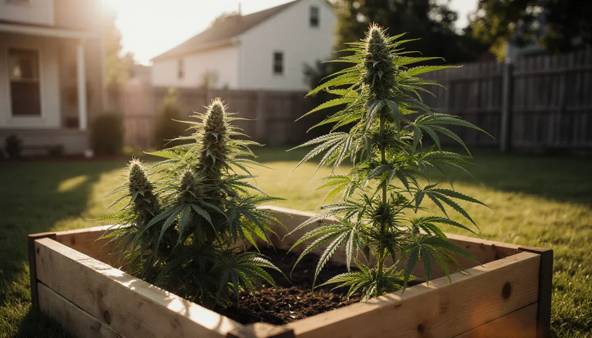 Autoflower and photoperiod cannabis plants growing side by side outdoors