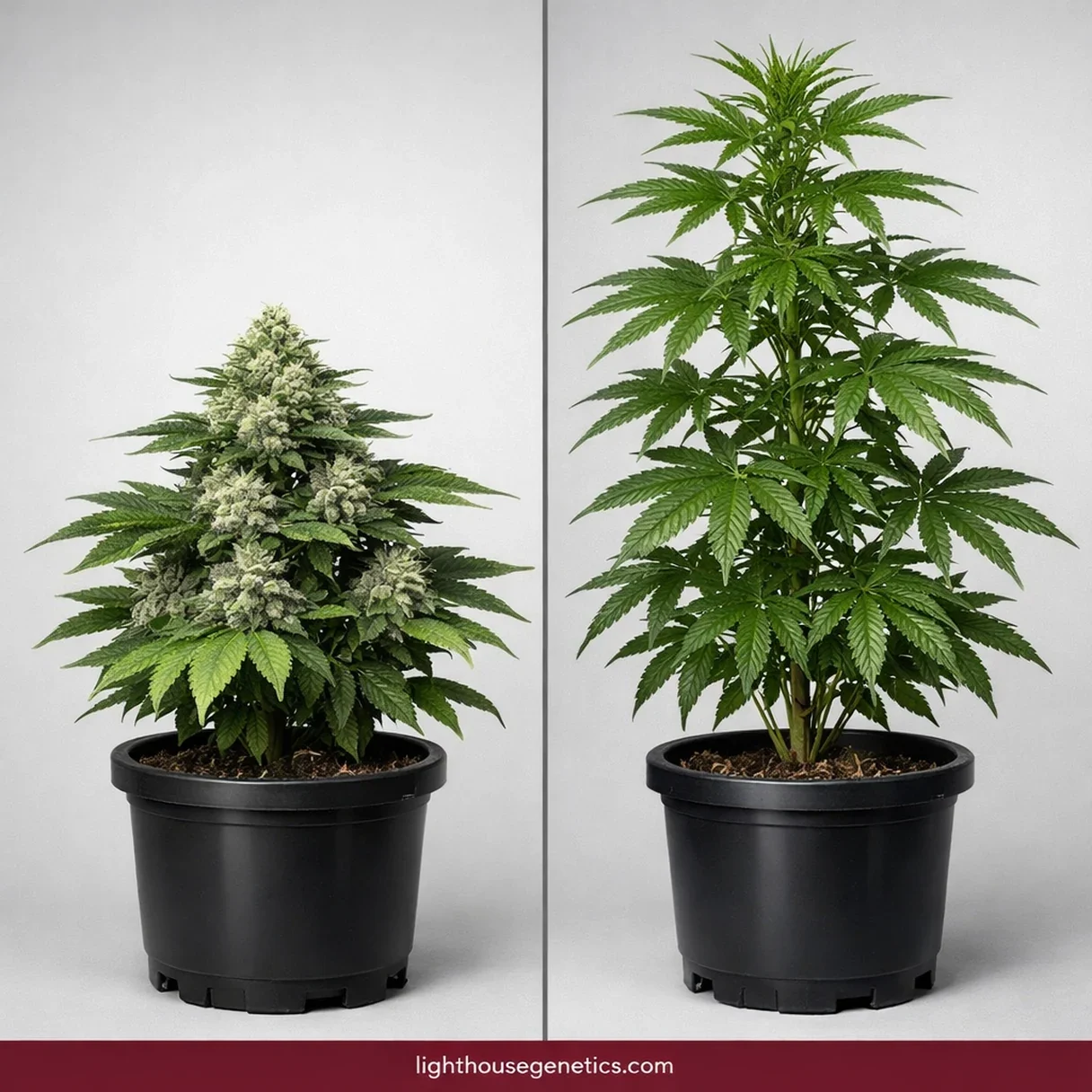 Autoflower vs feminized cannabis seeds — side-by-side comparison of autoflower and photoperiod cannabis plants