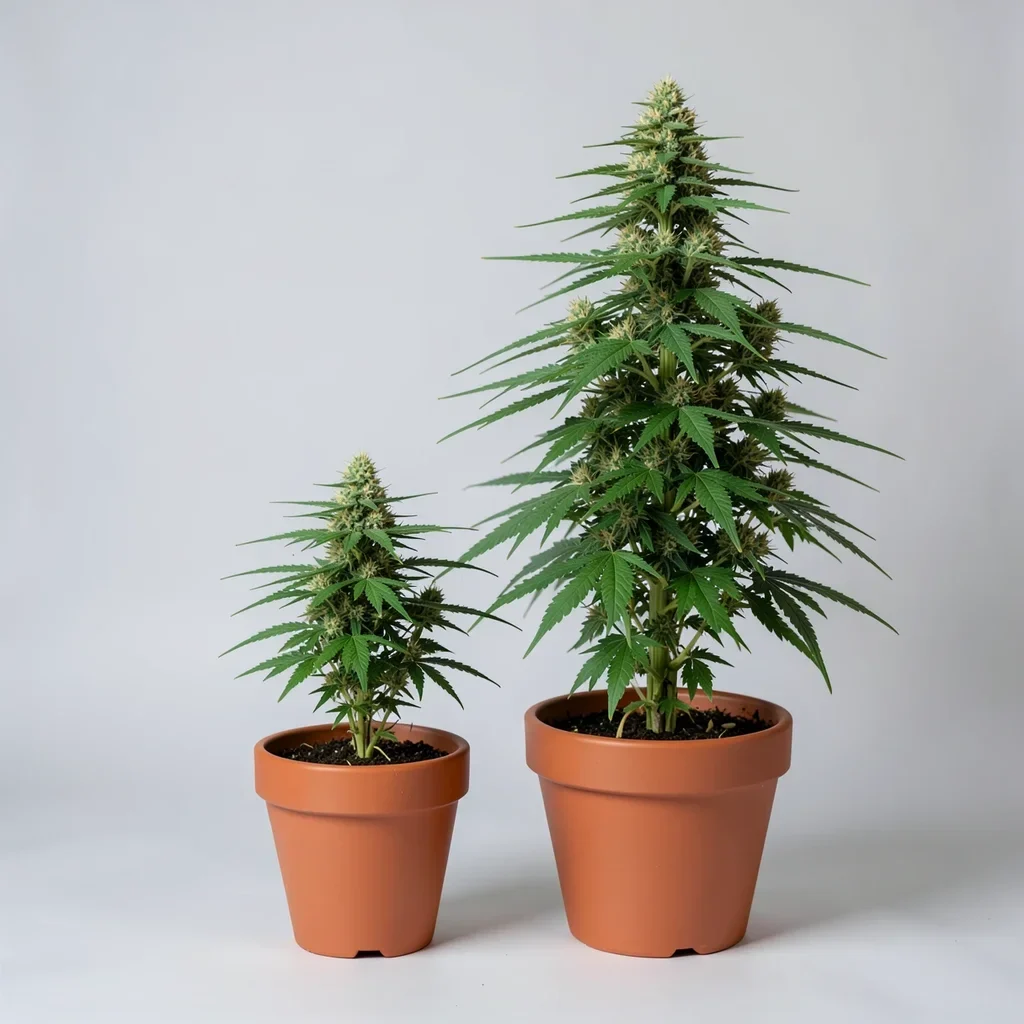 A compact autoflower cannabis plant next to a taller photoperiod cannabis plant, both in flower in terracotta pots