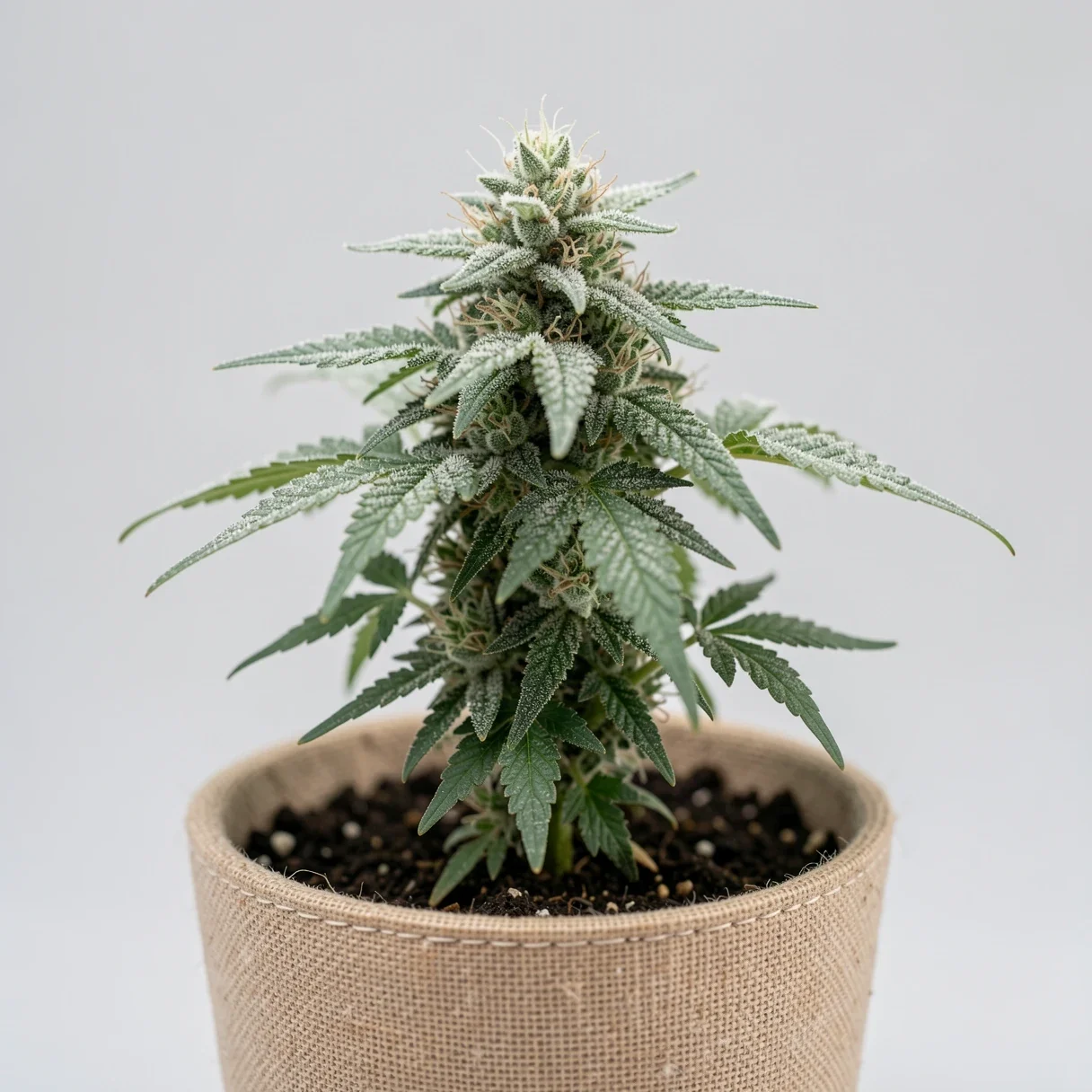 A compact fast flowering cannabis autoflower plant in a fabric pot with dense frosty buds