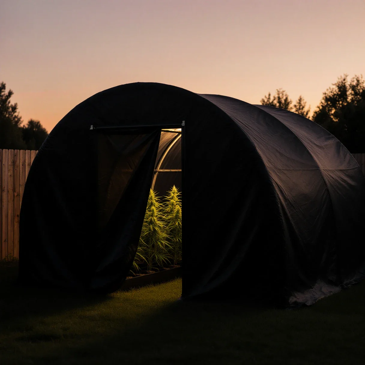 Black lightproof cover pulled over a hoop house greenhouse at dusk for light deprivation