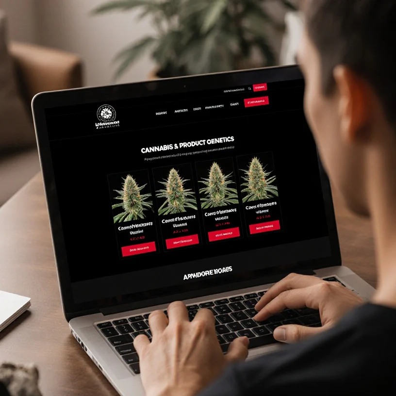 Cannabis seed product page showing genetics, THC, and flowering time