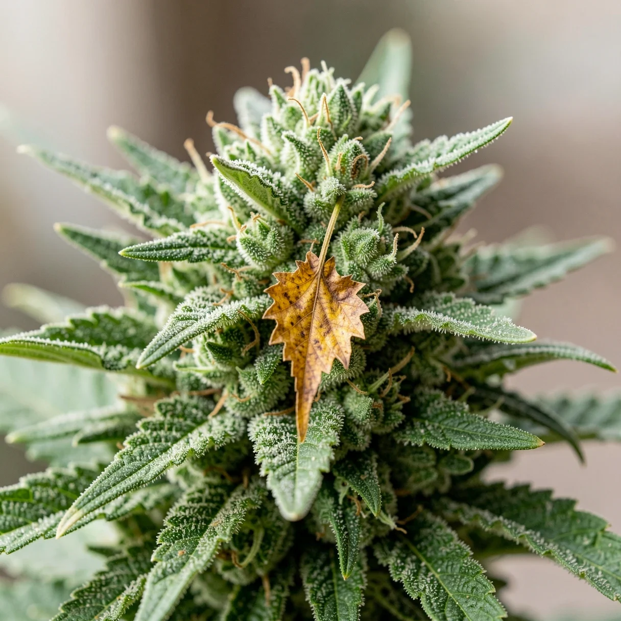 An early sign of bud rot: a single wilting, discolored leaf on a green cannabis cola