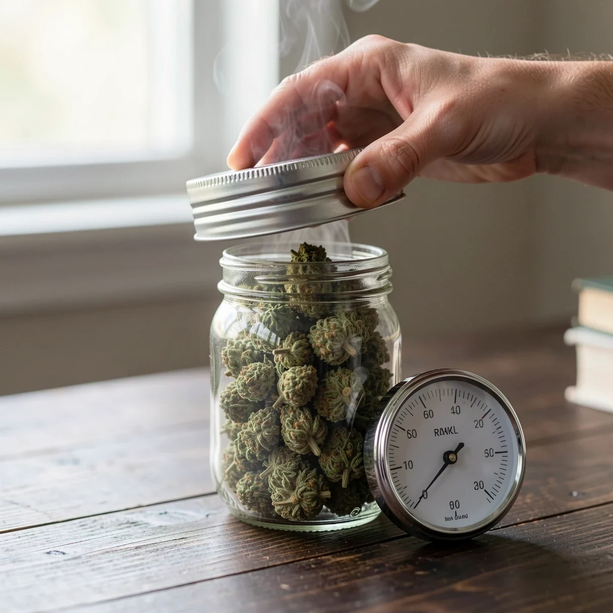 A hand opening a mason jar lid to burp curing cannabis, small round analog hygrometer dial visible on the jar