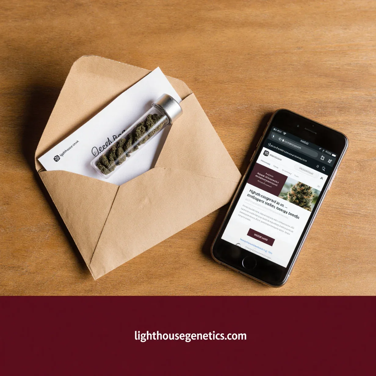 Buying cannabis seeds online — stealth packaging with vial of cannabis seeds and smartphone showing seed bank website