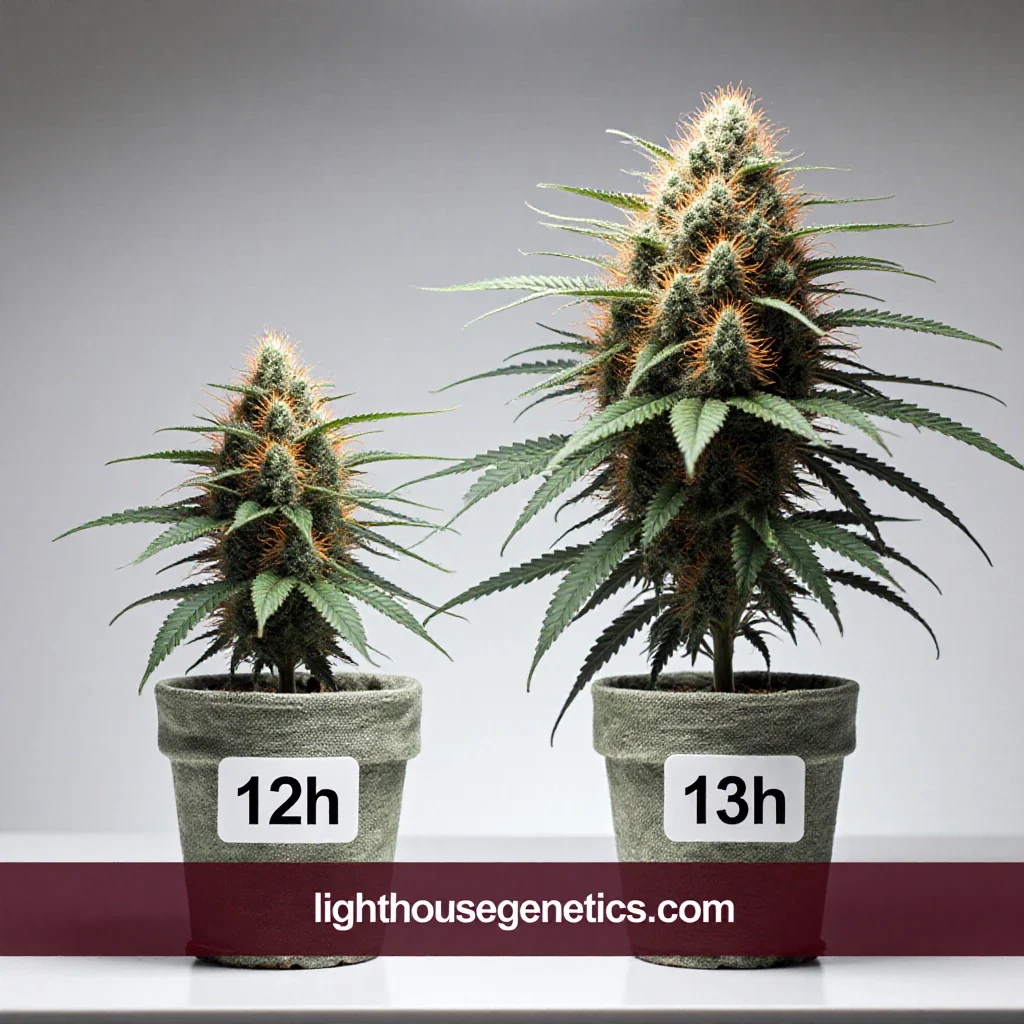 Side-by-side comparison of cannabis plants grown under 12 hour and 13 hour photoperiods showing the larger inflorescence biomass under the 13 hour photoperiod cannabis treatment