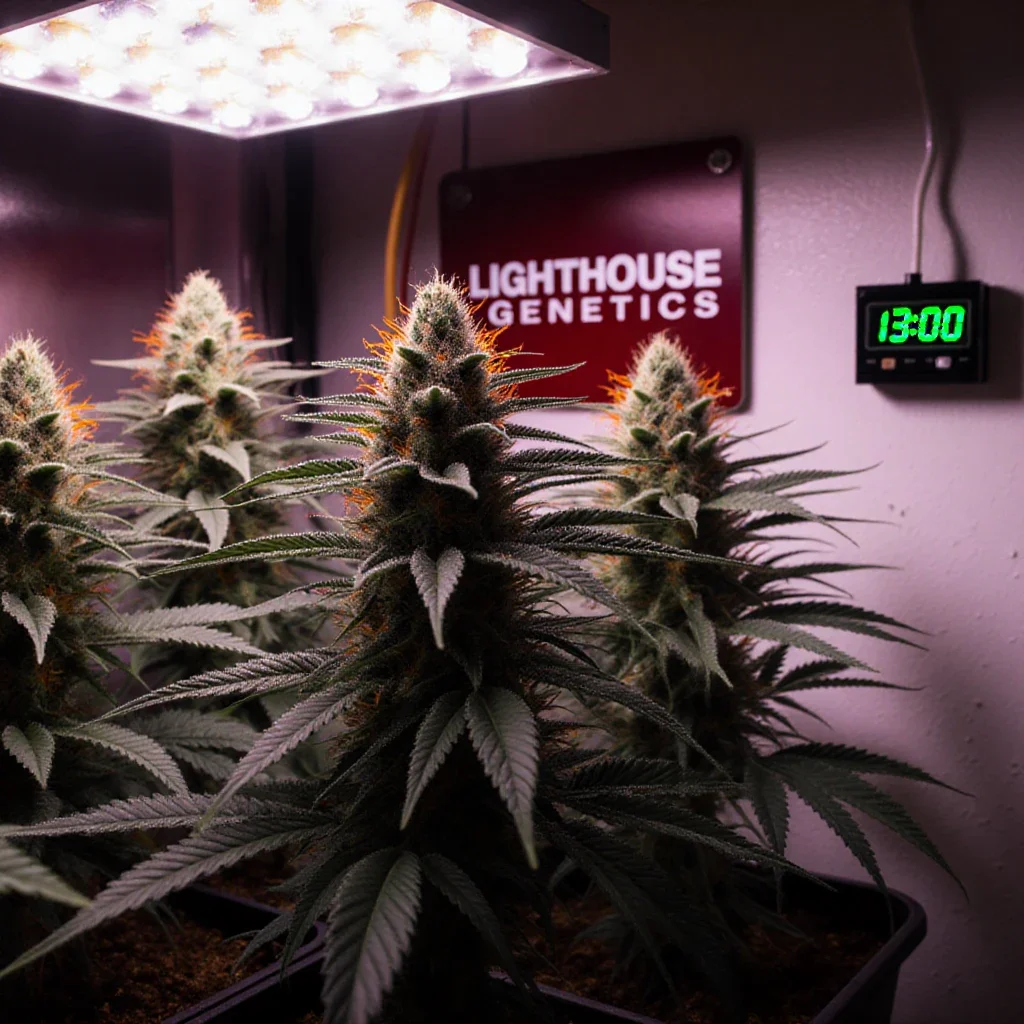 A 13 hour photoperiod cannabis grow — flowering cannabis plants under indoor LED lighting set to a 13 hour day instead of the traditional 12/12 schedule
