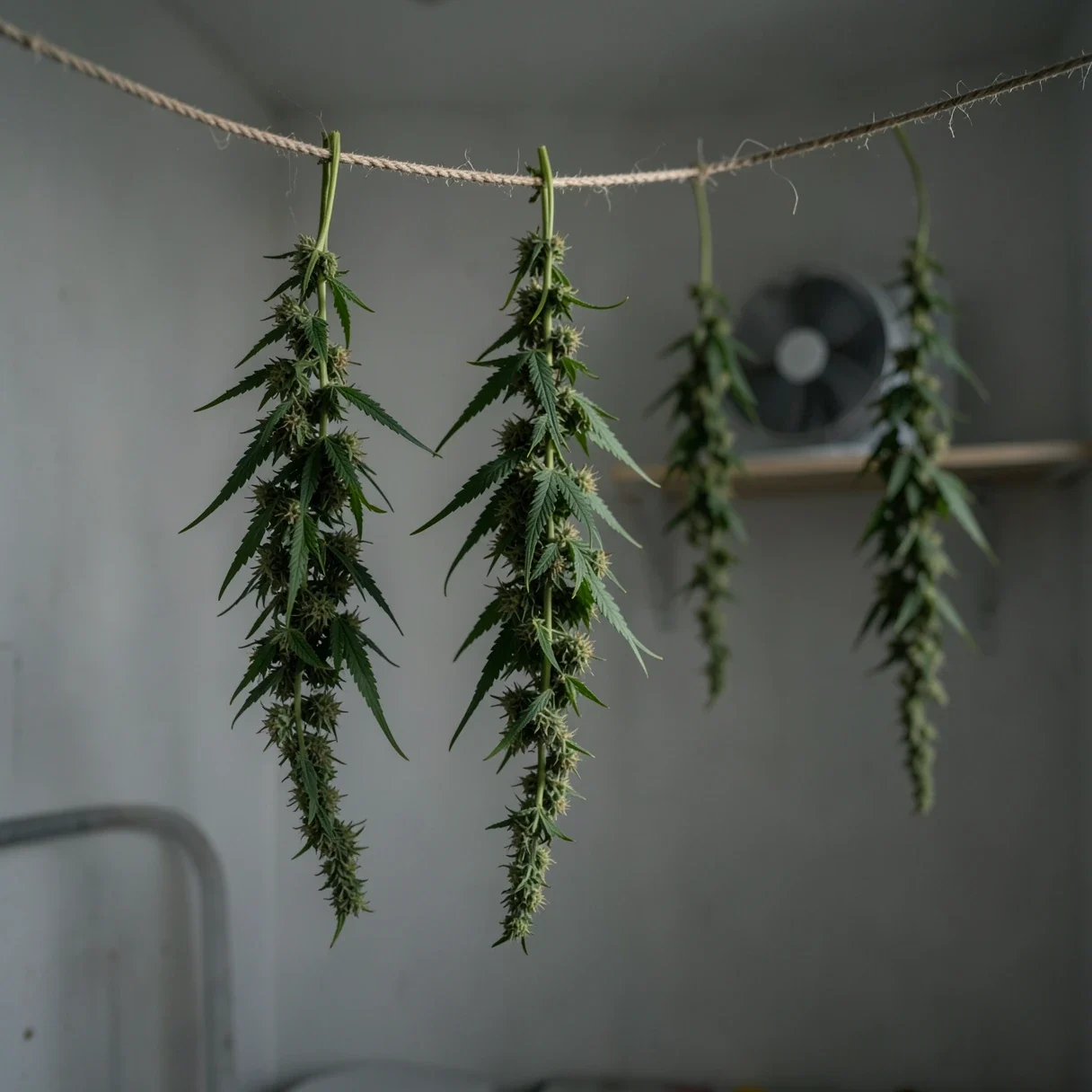 Harvested cannabis branches hanging upside down to dry on a line in a dim room