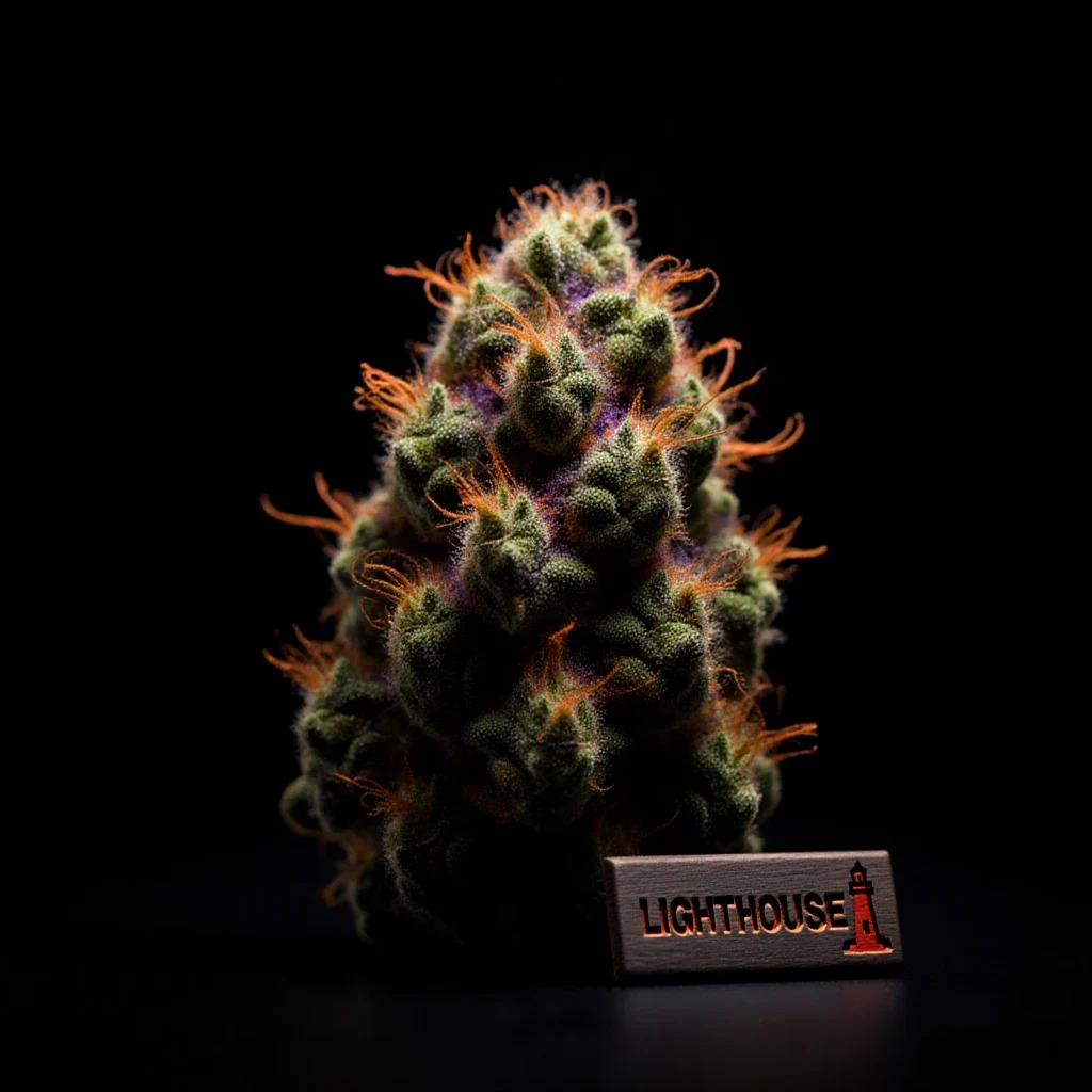 Mature flowering cannabis bud at harvest grown under a 13 hour photoperiod cannabis schedule showing dense inflorescence development