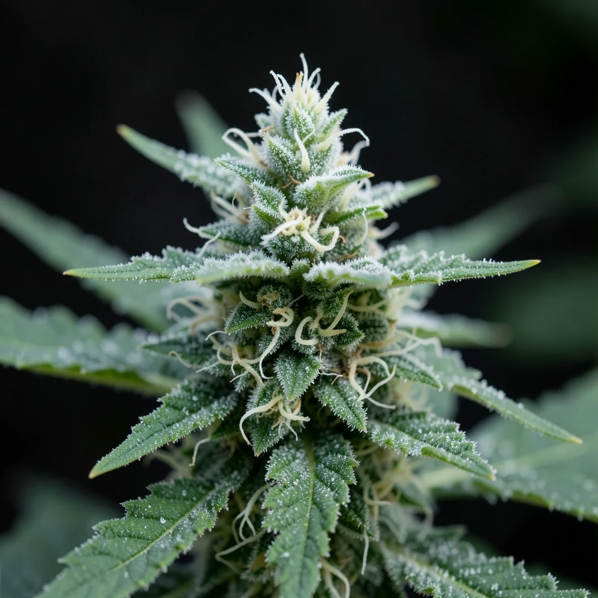 A cannabis bud in mid-flower covered in white pistils and frosty trichomes
