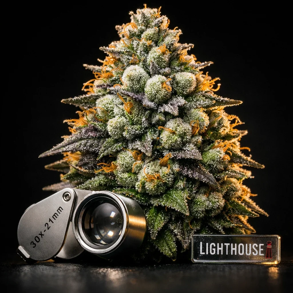 Mature cannabis bud at the moment of optimal harvest — knowing when to harvest cannabis comes down to reading trichome color through magnification