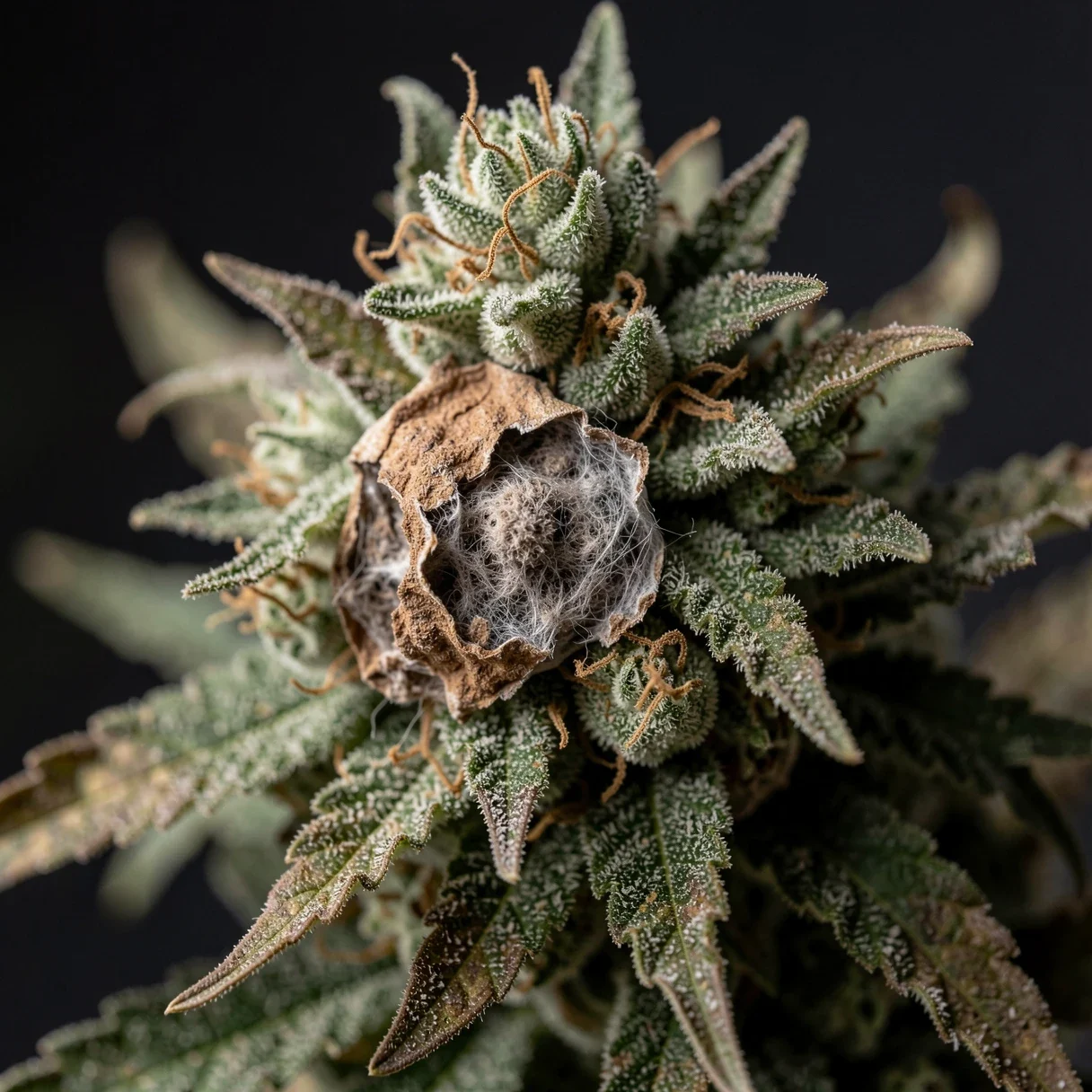Cannabis bud rot — grey mould browning the inside of a dense flower