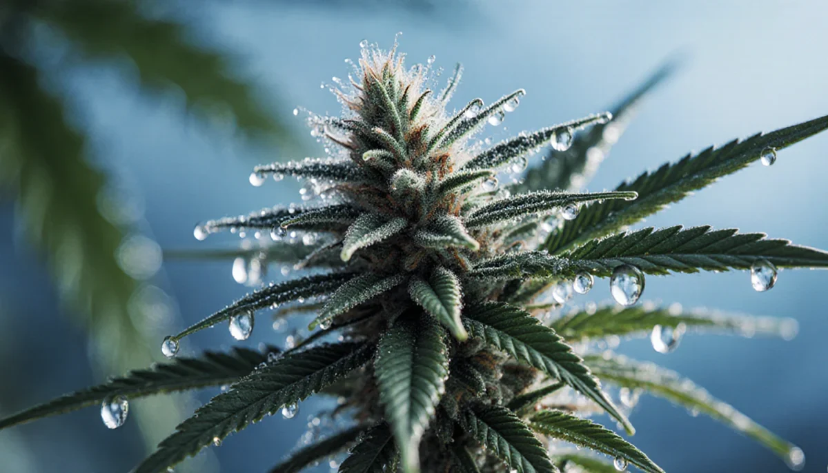 Cannabis cola with morning dew in a humid Eastern US fall