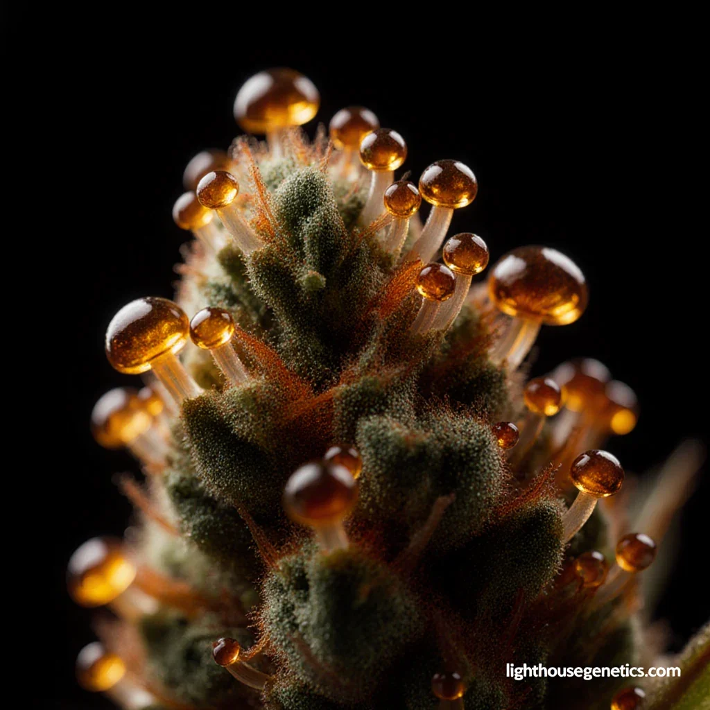 Cannabis bud macro photograph showing intact trichomes and terpene-rich resin preserved through proper drying