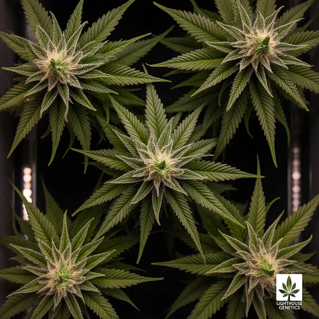 Cannabis canopy from above showing dense bud sites after controlled defoliation showing light penetration
