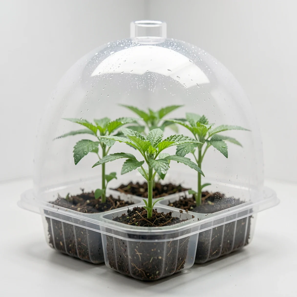 Cannabis cuttings rooting in cubes under a clear humidity dome