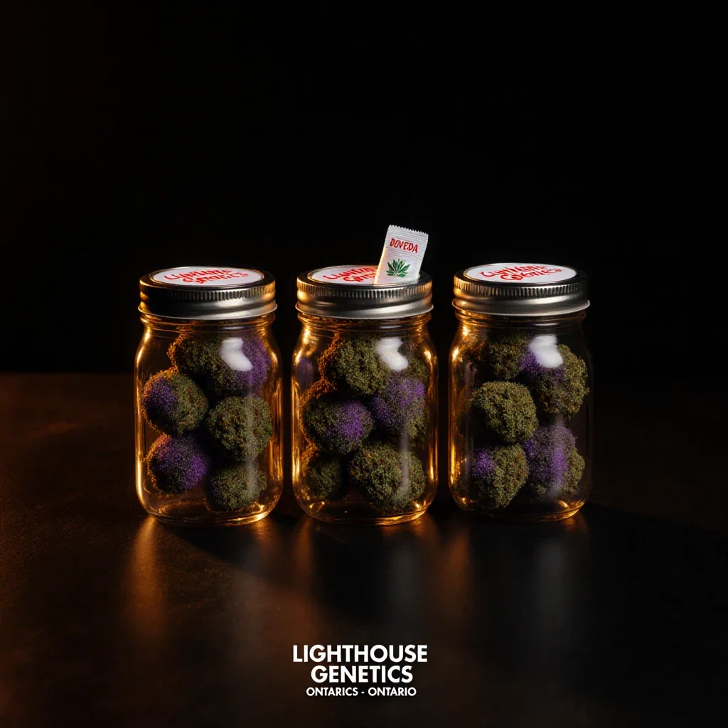 Properly cured cannabis buds in a clear glass jar showing deep color density and preserved terpene aroma