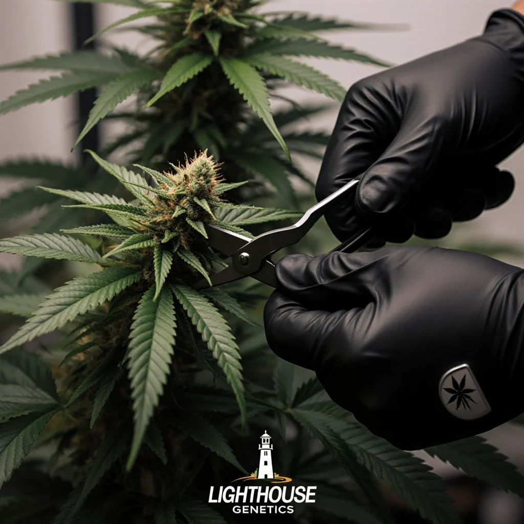 Does defoliation increase yield cannabis — hands carefully removing large fan leaves from a flowering cannabis plant