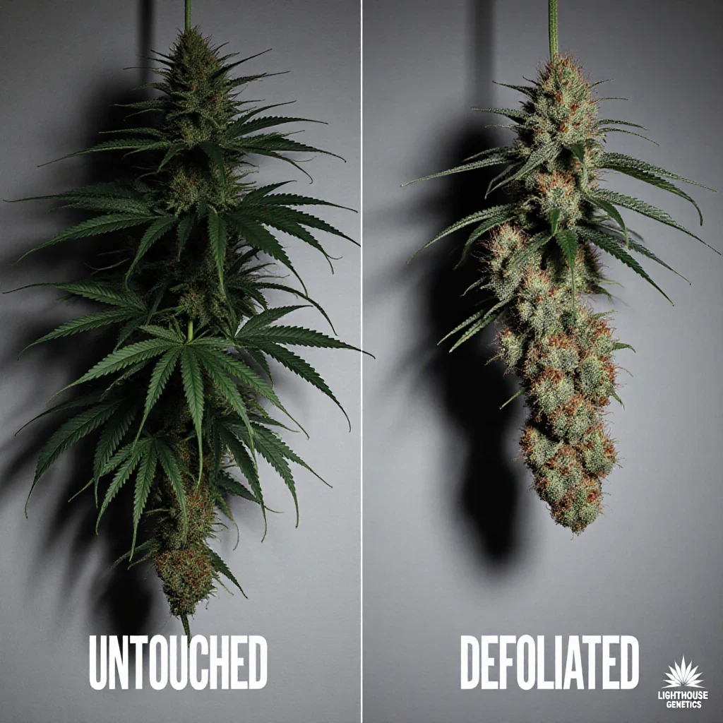 Two cannabis plants compared at harvest showing similar total yield but one has more uniform bud quality from defoliation training