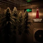 Best drying temperature for cannabis terpenes — cannabis buds hanging in a controlled drying room at proper temperature and humidity