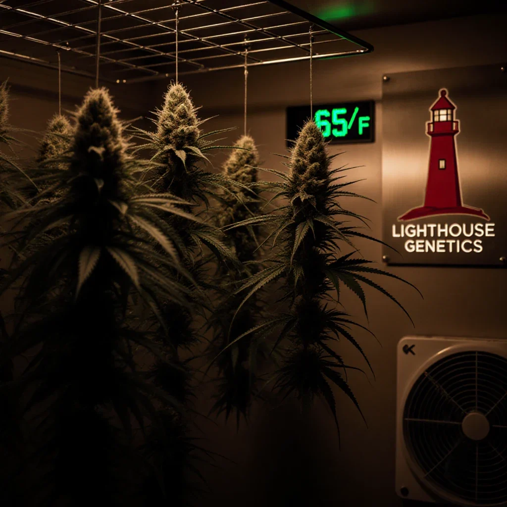 Best drying temperature for cannabis terpenes — cannabis buds hanging in a controlled drying room at proper temperature and humidity