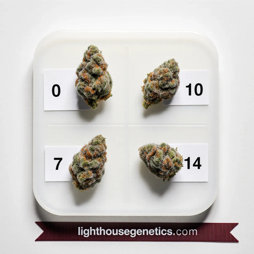 Cannabis flowers in a controlled grow trial comparing four flush durations — the kind of side-by-side test that shows whether flushing cannabis before harvest changes anything