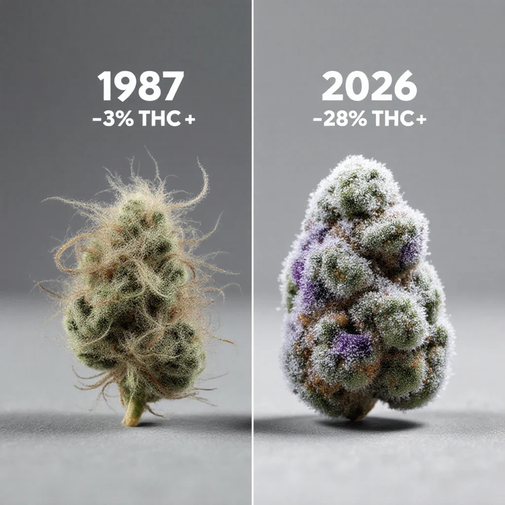 Cannabis cultivar comparison — old low-THC landrace next to modern high-THC strain showing difference in trichome coverage