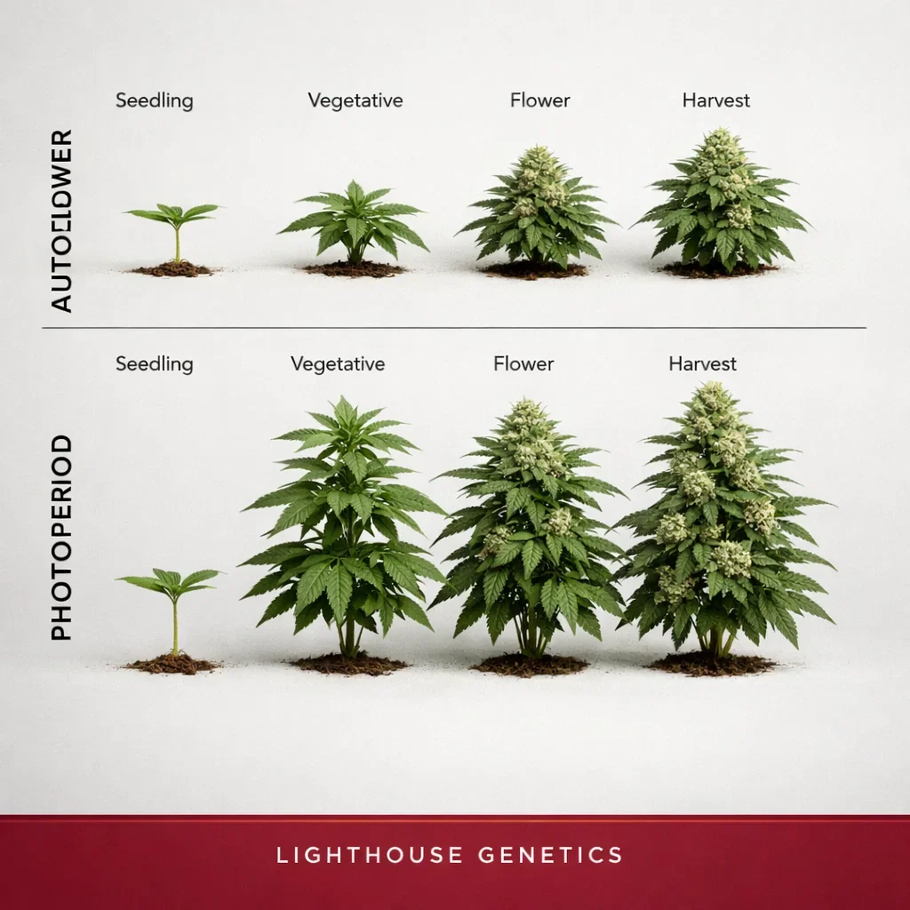 Side-by-side cannabis grow timeline chart comparing autoflower vs photoperiod stages from seed to harvest