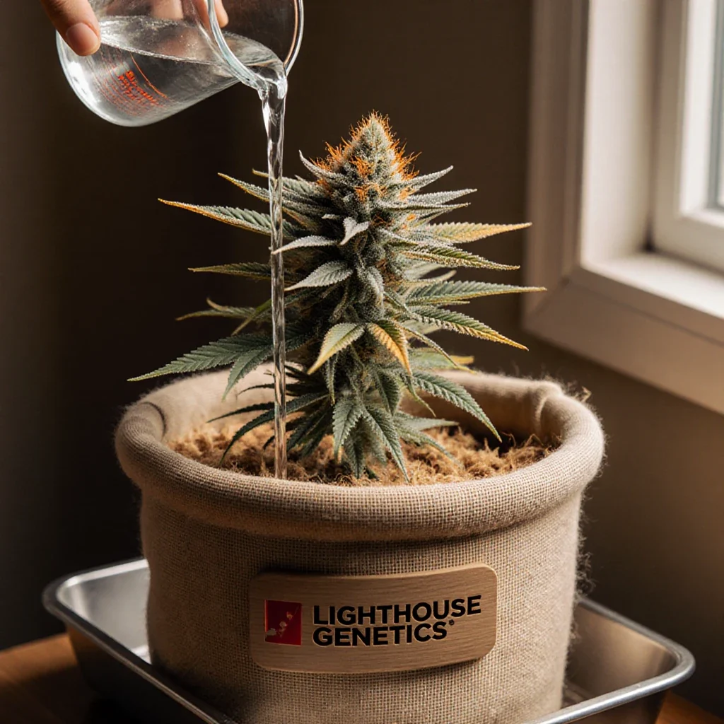 Should you flush cannabis before harvest — late-flower cannabis plant being watered with plain water in a coco grow during the final week