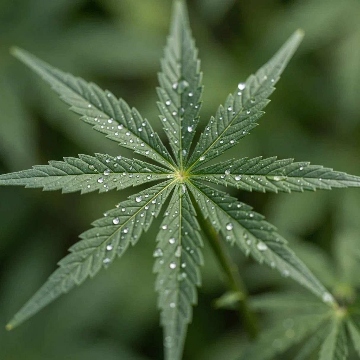 Macro of a cannabis leaf with tiny water droplets, illustrating transpiration that VPD controls