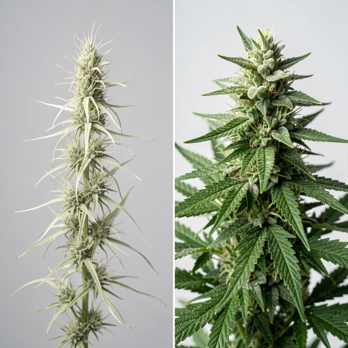 Cannabis under low light intensity versus high light intensity — a stretchy pale plant beside a dense compact one