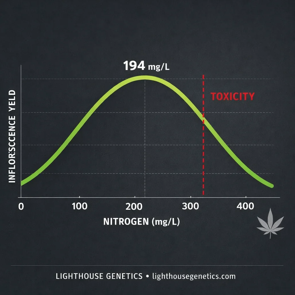 Cannabis nutrient response curve showing yield peak at 194 mg per liter nitrogen with toxicity above 250 ppm