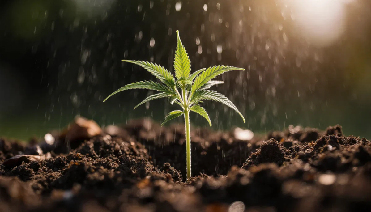 Healthy cannabis seedling in rich amended outdoor soil