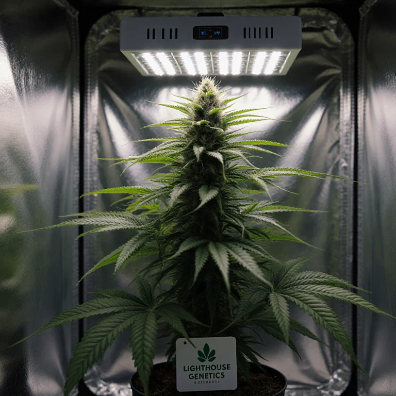 Cannabis plant growing inside a tent with LED light — Lighthouse Genetics