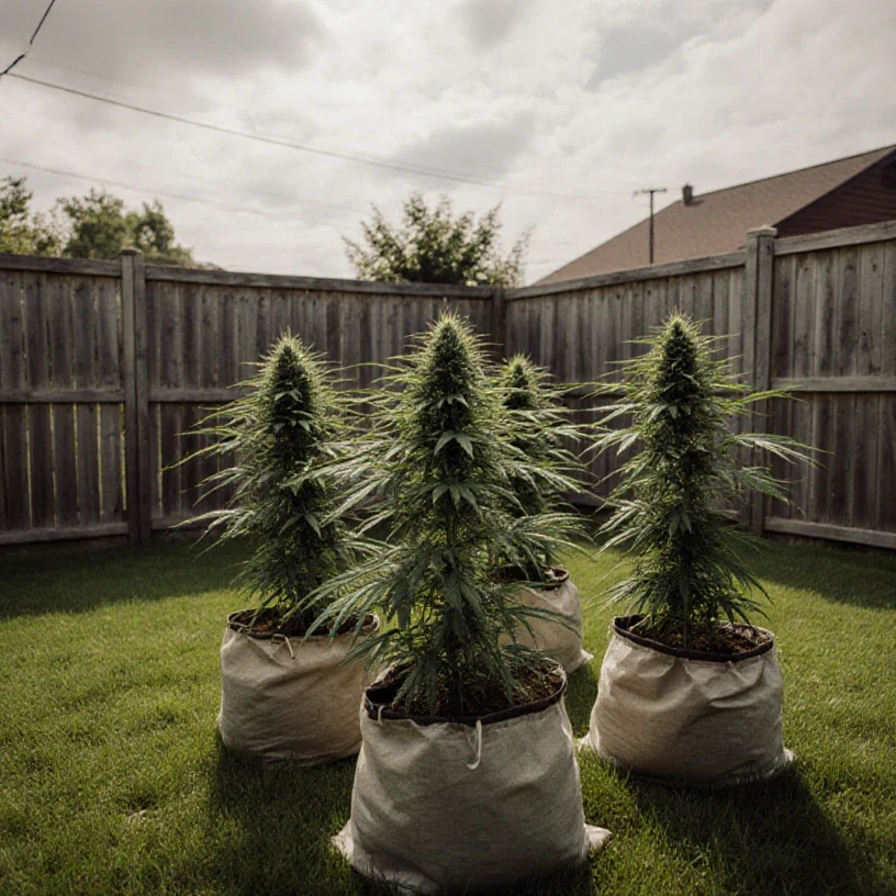 Growing cannabis outdoors in Canada — four plants in a backyard garden