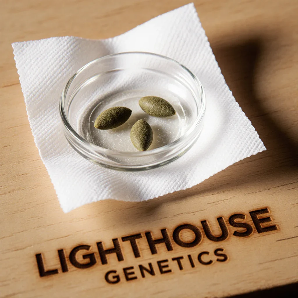 Cannabis seed germination test with taproots emerging on paper towel