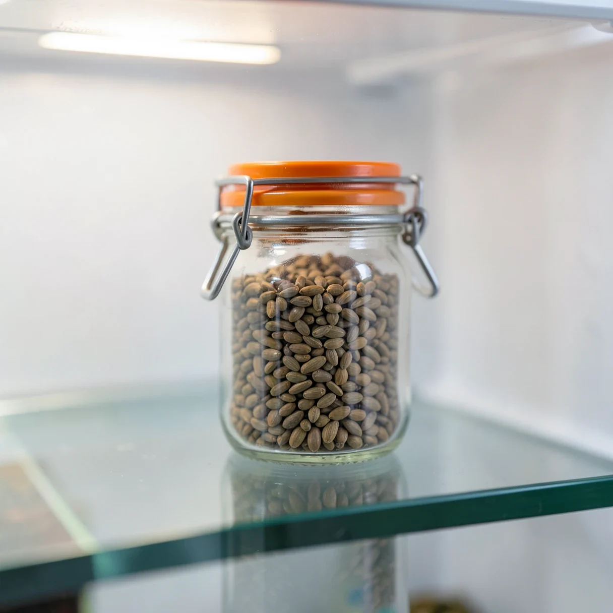 A sealed glass seed jar with a clamp lid on a refrigerator shelf, the simplest way to store cannabis seeds for years