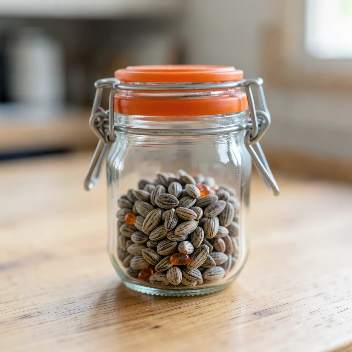 How to store cannabis seeds — a glass jar with a rubber seal and clamp lid holding seed packets and an orange silica gel sachet