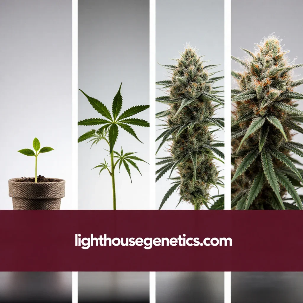 How long to grow cannabis — a complete seed-to-harvest timeline showing seedling, vegetative, flowering, and curing stages of a cannabis plant