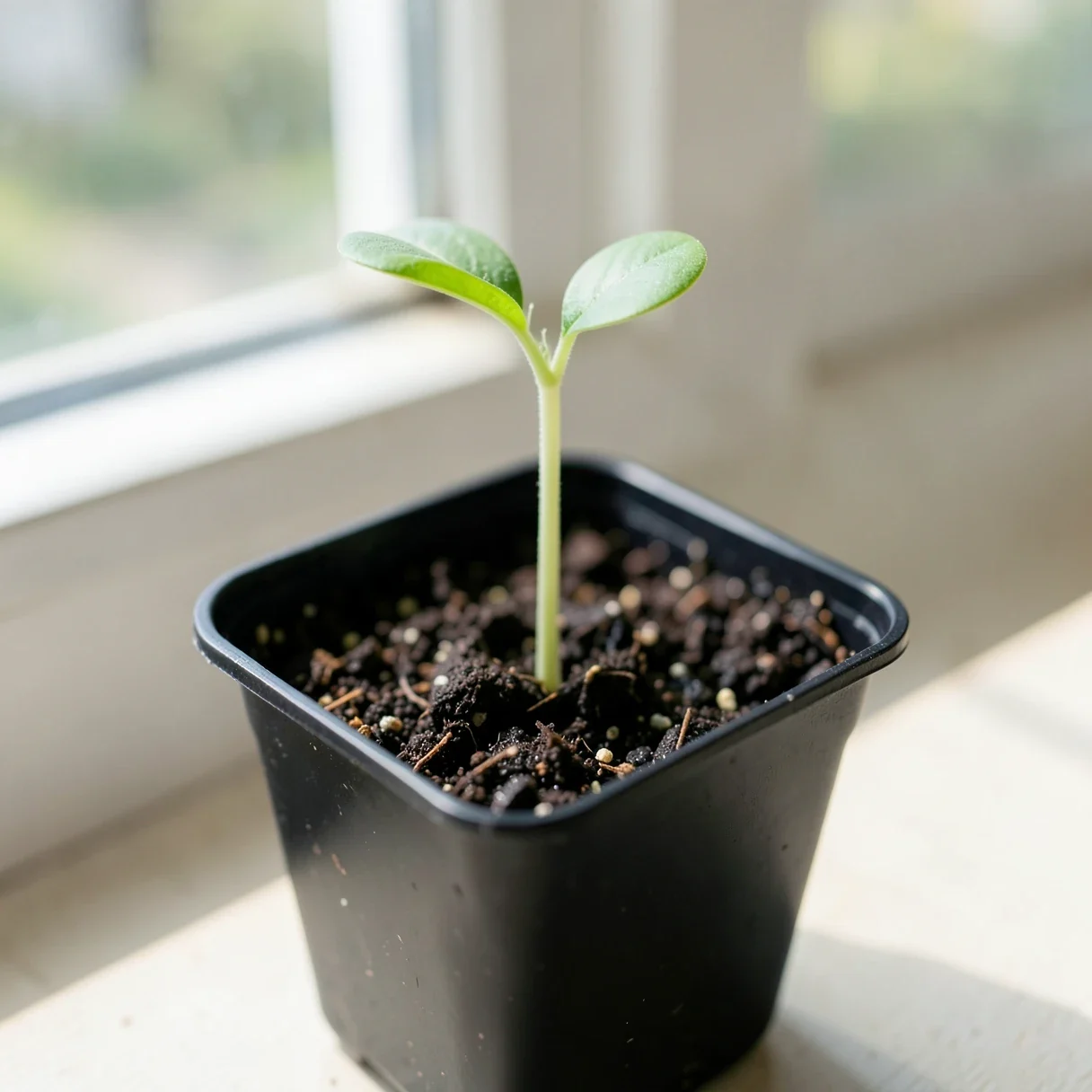 A young cannabis seedling with two round seed leaves just above moist soil in a small pot