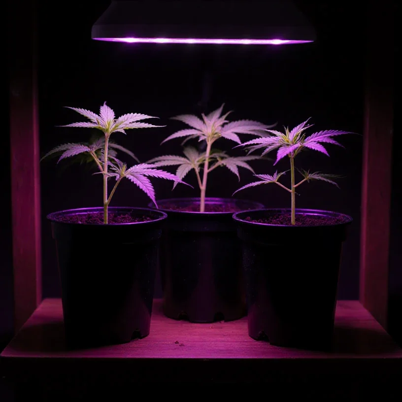 Cannabis seedlings growing under an LED grow light indoors