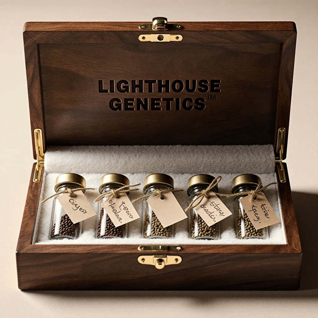 Organized cannabis seed collection in labeled glass vials inside a wooden storage box
