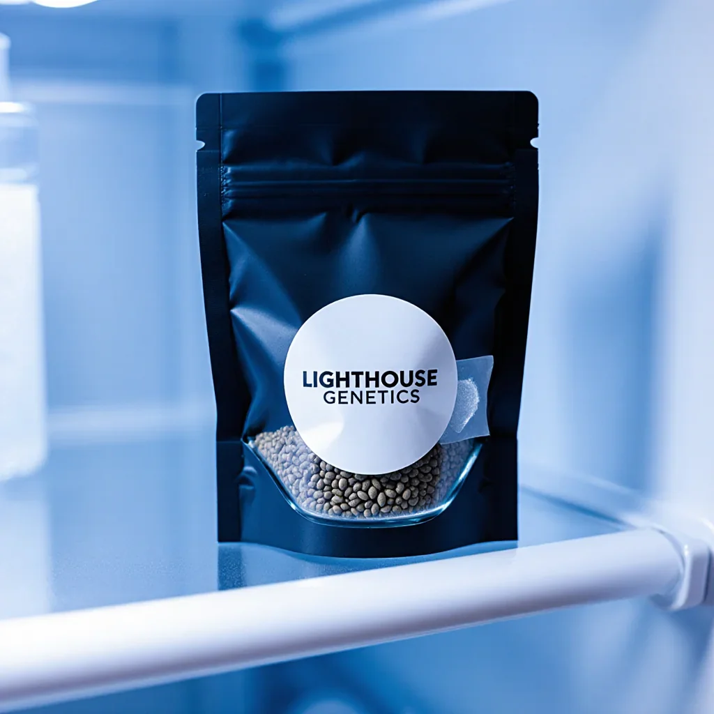 Cannabis seeds in a glass vial with desiccant inside a sealed mylar bag for long-term storage