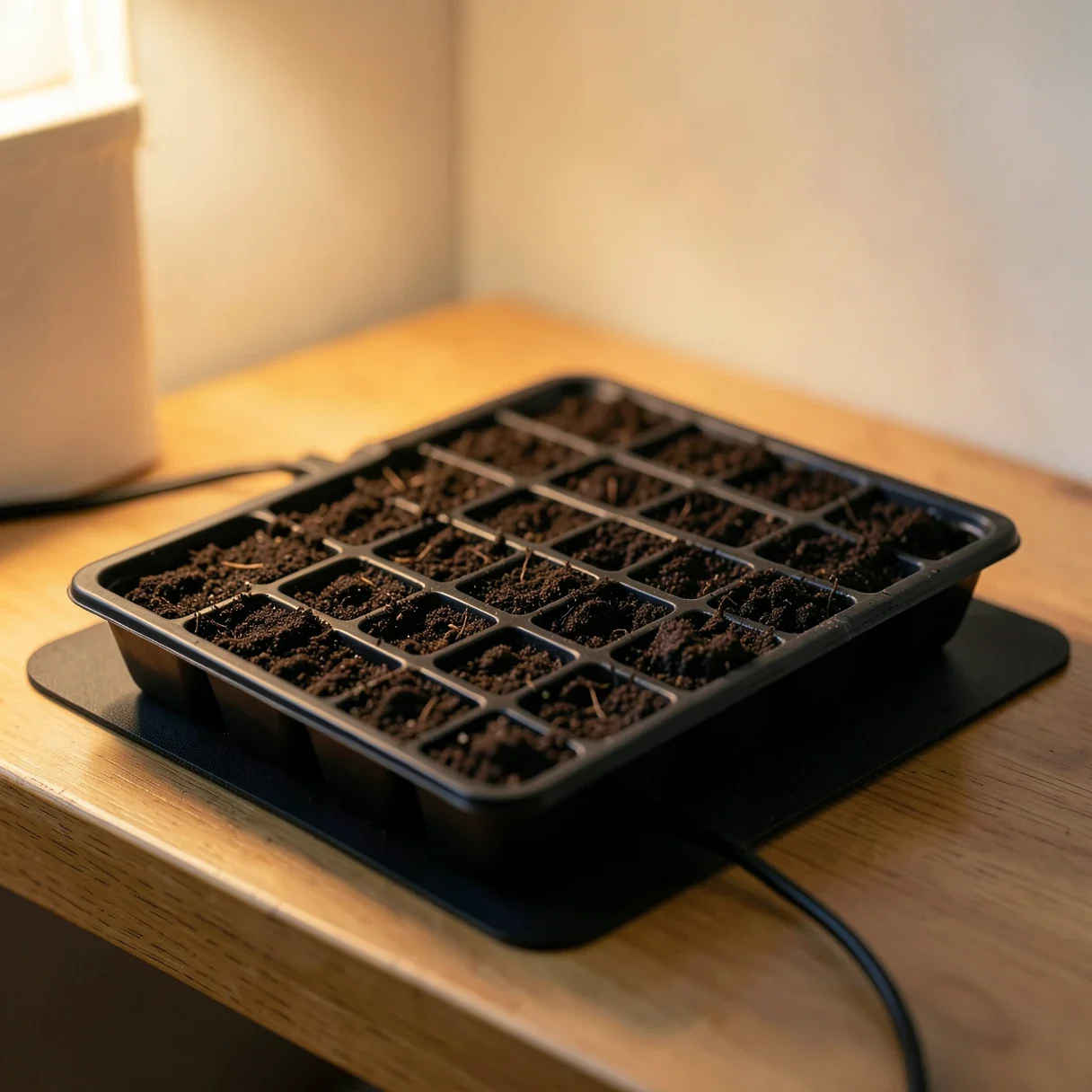 A seedling tray of planted cannabis seeds resting on a heat mat to keep them warm while they germinate