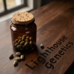 How to store cannabis seeds — sealed amber glass jar with seeds on a wooden table